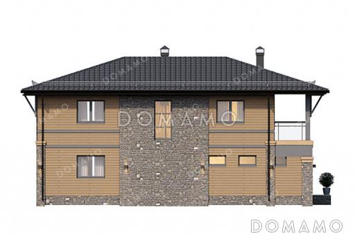 Проект двухэтажного дома с гаражом, 4 спальнями, широким балконом и большим крыльцом / Фасад 3