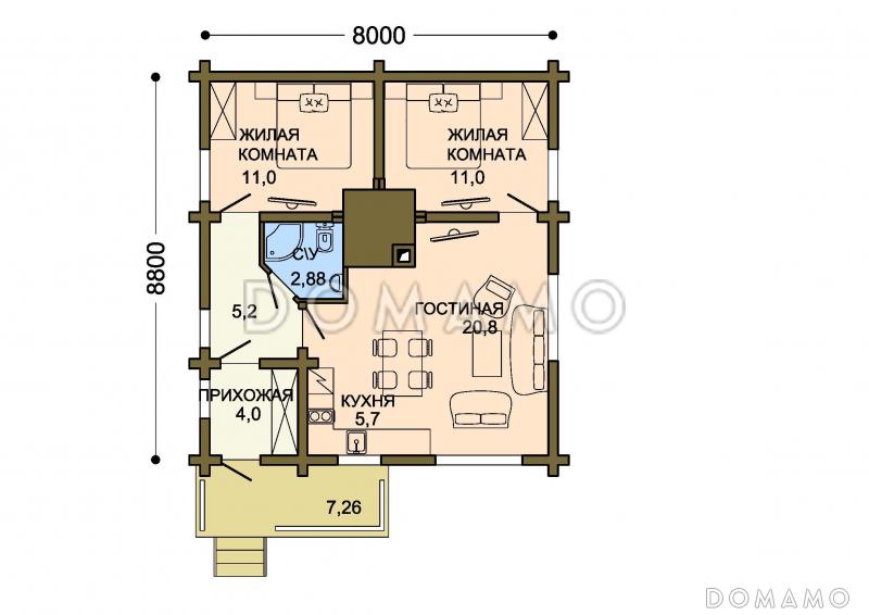 Проект одноэтажного дома из бруса с двумя жилыми комнатами  / План 1 этажа