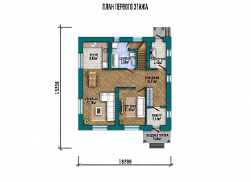 Проект двухэтажного дома с тремя спальнями и вальмовой крышей / План 1 этажа Проект двухэтажного дома с тремя спальнями и вальмовой крышей / План 1 этажа
