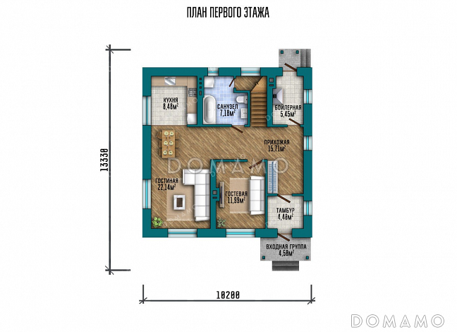 Проект двухэтажного дома с тремя спальнями и вальмовой крышей / План 1 этажа Проект двухэтажного дома с тремя спальнями и вальмовой крышей / План 1 этажа
