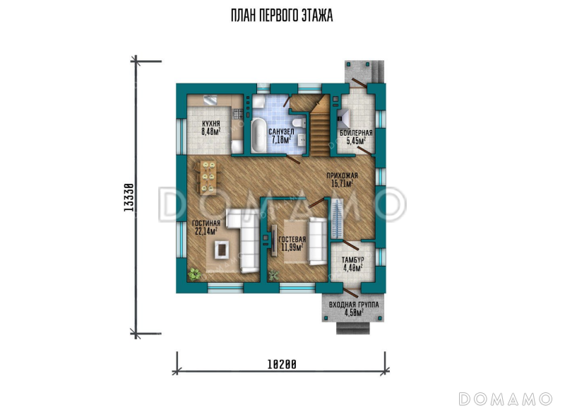 Проект двухэтажного дома с тремя спальнями и вальмовой крышей / План 1 этажа Проект двухэтажного дома с тремя спальнями и вальмовой крышей / План 1 этажа
