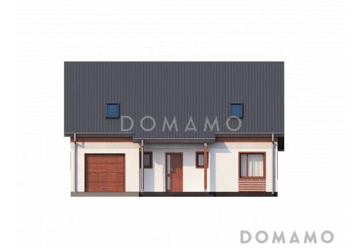 Проект одноэтажного дома из кирпича с мансардой облицованной натуральным деревом со встроенным гаражом / Фасад 3