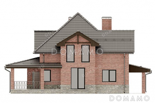 Проект одноэтажного дома с мансардой, просторной террасой и навесом для автомобиля / Фасад 3