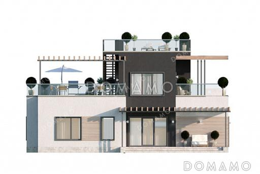 Проект двухэтажной виллы с эксплуатируемой крышей и террасами на втором этаже / Фасад 3