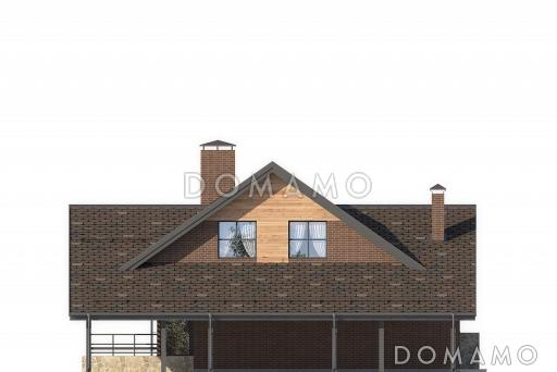 Проект дома с навесом на две машины, двумя террасами, гостиной с камином, спальней на первом этаже, балконом / Фасад 4