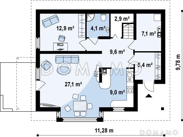 Проект полутораэтажного мансардного дома с кабинетом на первом этаже под каркасное строительство / План 1 этажа