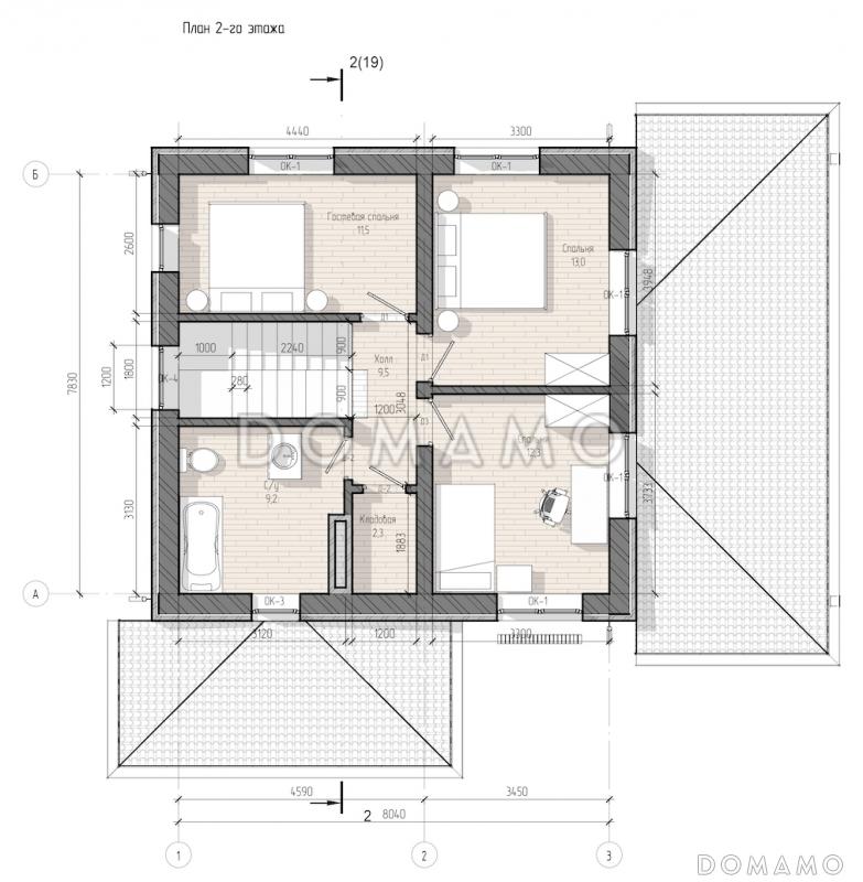 Проект двухэтажного дома с четырьмя спальнями и большой крытой террасой / План 2 этажа