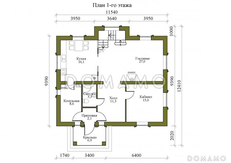 Проект двухэтажного дома с камином в гостиной и тремя спальнями / План 1 этажа