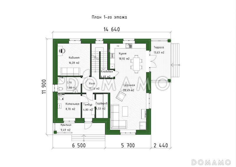Проект двухэтажного дома из газобетона с террасой, кабинетом и 3 спальнями / План 1 этажа