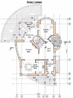 Проект современного дома с мансардным и цокольным этажом / План 1 этажа Проект современного дома с мансардным и цокольным этажом / План 1 этажа