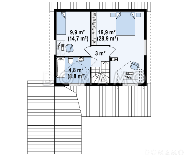 Проект компактного одноэтажного мансардного дома из кирпича с тремя спальнями, фронтальной террасой и гаражом / План мансардного этажа