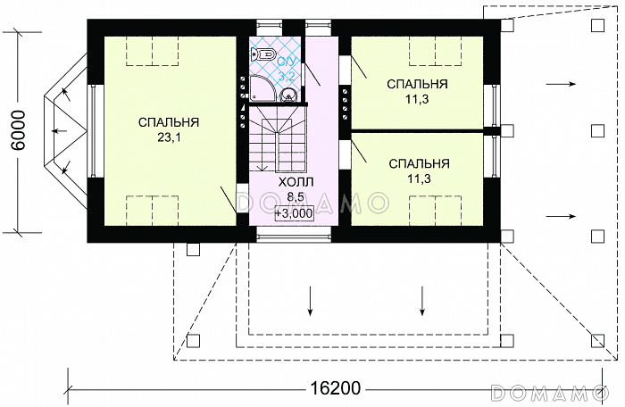 Проект великолепного дома из темного кирпича с верандой и зеленой крышей / План мансардного этажа