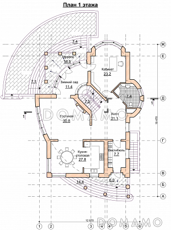 Проект современного дома с мансардным и цокольным этажом / План 1 этажа Проект современного дома с мансардным и цокольным этажом / План 1 этажа