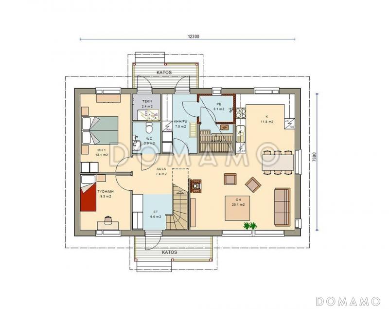 Проект современного двухэтажного каркасного дома с облицовкой деревянной вагонкой / План 1 этажа