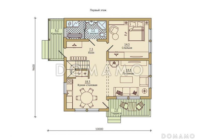 Проект каркасного дома с тренажерным залом на мансардном этаже / План 1 этажа