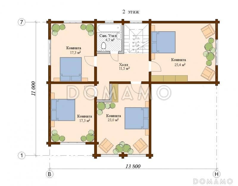 Проект деревянного дома с камином / План мансардного этажа