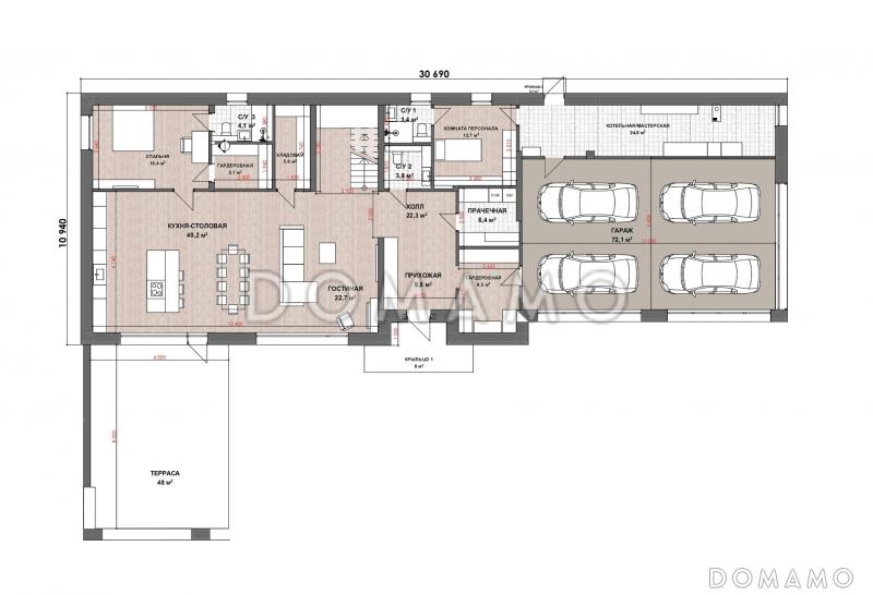 Проект дома с 4 спальнями, гаражом на 4 машины и мастерской / План 1 этажа