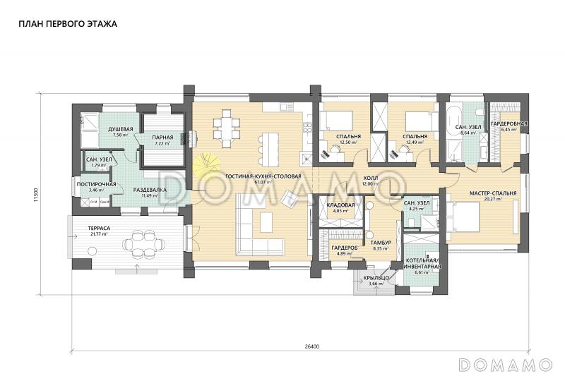 Проект кирпичного дома в стиле барнхаус с террасой на кровле, вторым светом и винтовой лестнице в кабинет / План 1 этажа