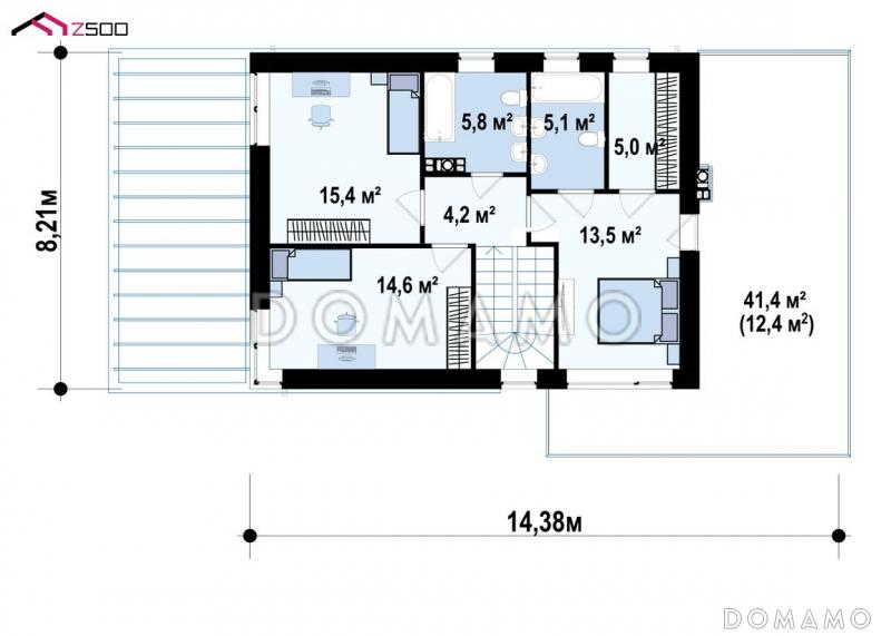 Проект двухэтажного дома с плоской крышей и второй террасой над гаражом / План 2 этажа