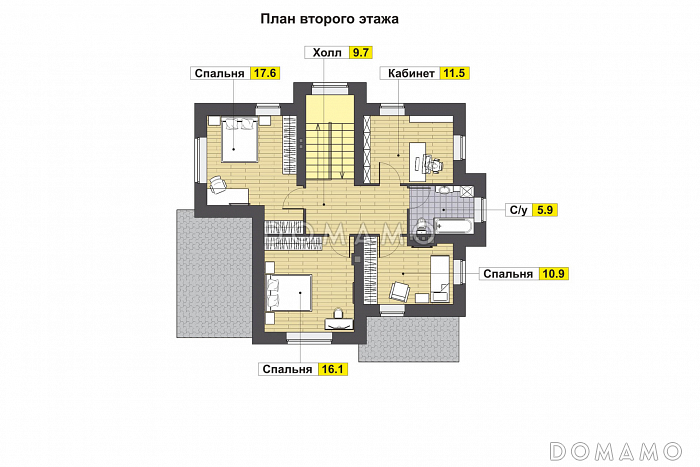 Проект дома с небольшой крытой террасой, эркерами, гостевой на первом этаже, кладовой под лестницей, кабинетом / План 2 этажа Проект дома с небольшой крытой террасой, эркерами, гостевой на первом этаже, кладовой под лестницей, кабинетом / План 2 этажа