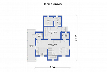 Дом с объединенной кухней-гостиной и большой террасой / План 1 этажа Дом с объединенной кухней-гостиной и большой террасой / План 1 этажа