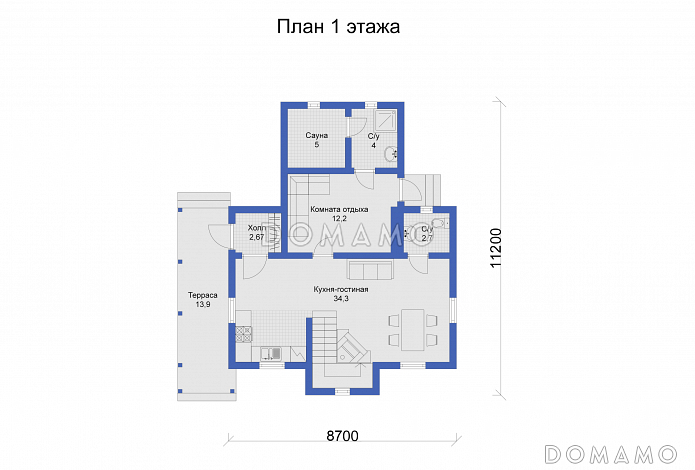 Дом с объединенной кухней-гостиной и большой террасой / План 1 этажа Дом с объединенной кухней-гостиной и большой террасой / План 1 этажа