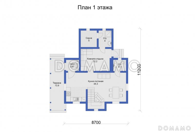 Дом с объединенной кухней-гостиной и большой террасой / План 1 этажа