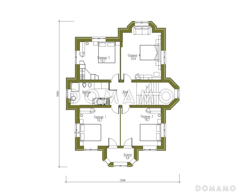 Проект трехэтажного дома с башней, верандой и функциональными чердачными помещениями / План 2 этажа