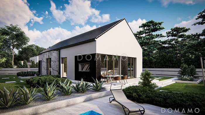 Проект одноэтажного дома с продуманной планировкой, эркером, навесом, объединенной кухней и гостиной Проект одноэтажного дома с продуманной планировкой, эркером, навесом, объединенной кухней и гостиной