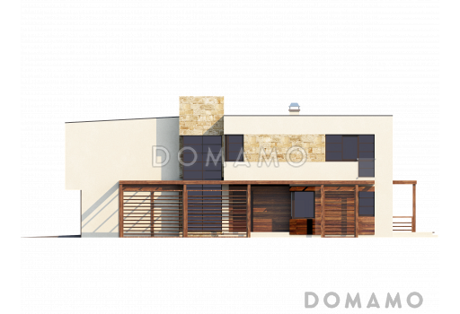 Проект современного двухэтажного дома из газобетона в стиле модерн с пятью спальнями, с гаражом, угловой террасой и балконом над ней / Фасад 4