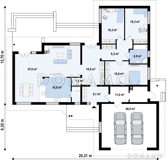 Проект просторного одноэтажного дома из газобетона с фронтальным гаражом на два автомобиля и отделённой зоной сна / План 1 этажа