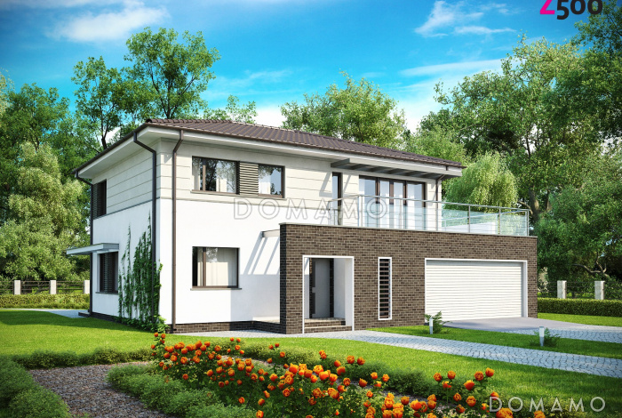 Проект современного двухэтажного дома из кирпича с четырьмя спальнями и гаражом на два автомобиля