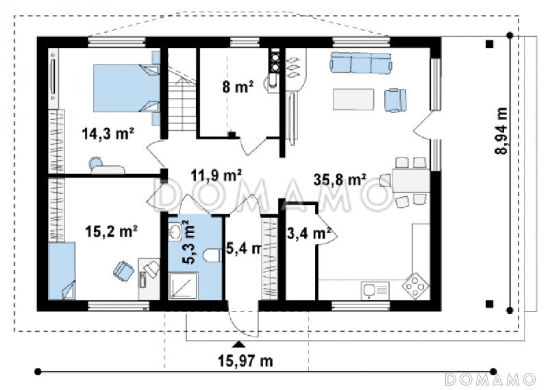 Проект большого одноэтажного дома с мансардным этажом из кирпича с пятью спальнями, с современными фасадами / План 1 этажа