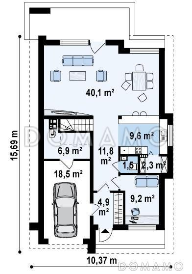 Проект одноэтажного мансардного дома из газобетона с кабинетом,  гаражом и четырьмя спальнями / План 1 этажа