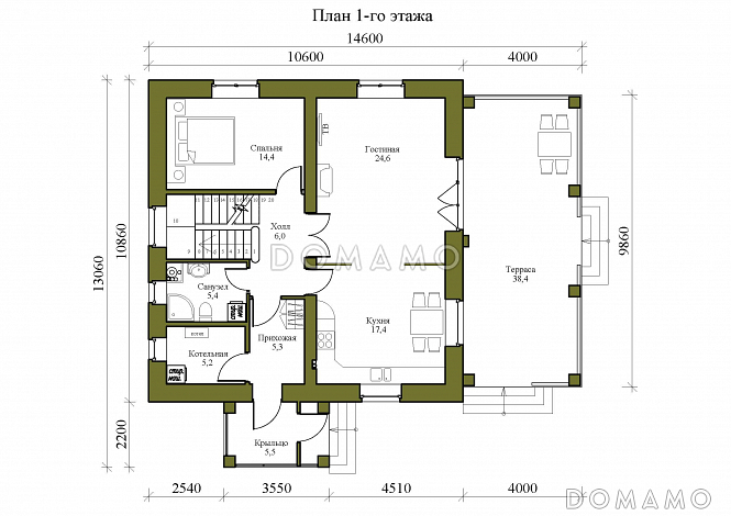 Проект двухэтажного дома с кабинетом, террасой и четырьмя спальнями / План 1 этажа