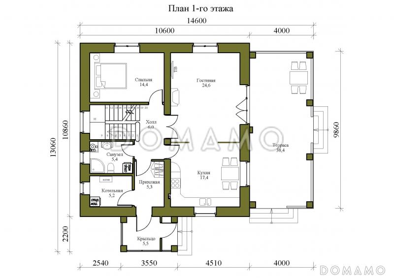 Проект двухэтажного дома с кабинетом, террасой и четырьмя спальнями / План 1 этажа