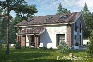 Проект двухэтажного каркасного дома с крытой террасой, сауной и балконом