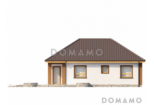 Проект небольшого одноэтажного дома из газобетона с тремя спальнями и красивой угловой террасой  / Фасад 2