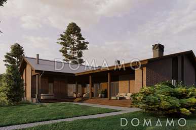 Проект дома из газобетона с сауной, 3 спальнями, террасой барбекю и навесом на 2 машины