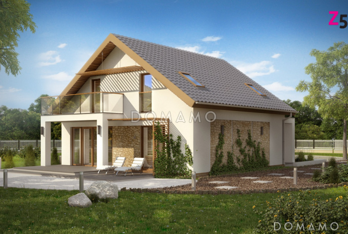 Проект одноэтажного мансардного дома из газобетона с гостевой комнатой на первом этаже и балконом над террасой Проект одноэтажного мансардного дома из газобетона с гостевой комнатой на первом этаже и балконом над террасой