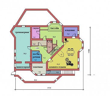 Проект двухэтажного дома с цоколем и мансардой, с сауной, бассейном и вторым светом  / План цокольного этажа Проект двухэтажного дома с цоколем и мансардой, с сауной, бассейном и вторым светом  / План цокольного этажа