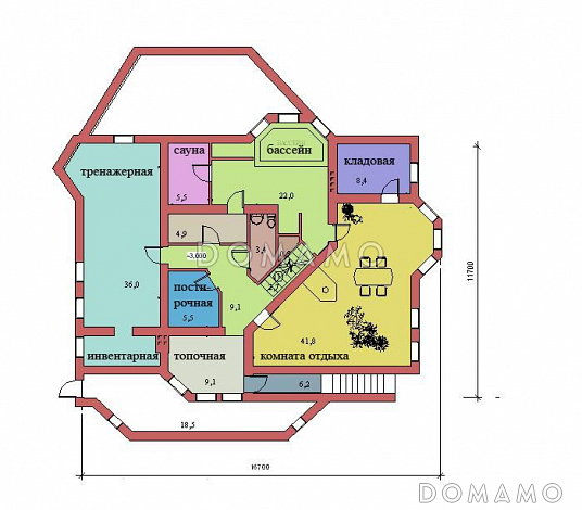 Проект двухэтажного дома с цоколем и мансардой, с сауной, бассейном и вторым светом  / План цокольного этажа Проект двухэтажного дома с цоколем и мансардой, с сауной, бассейном и вторым светом  / План цокольного этажа