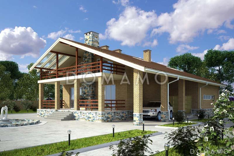 Проект дома из кирпича с экономичной двускатной крышей и навесом для автомобиля / 1