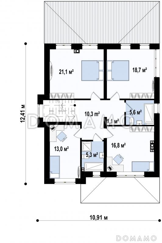Проект двухэтажного дома с подвалом, спальней на первом этаже, просторной гостиной с выходом на террасу, кладовой в кухне / План 2 этажа