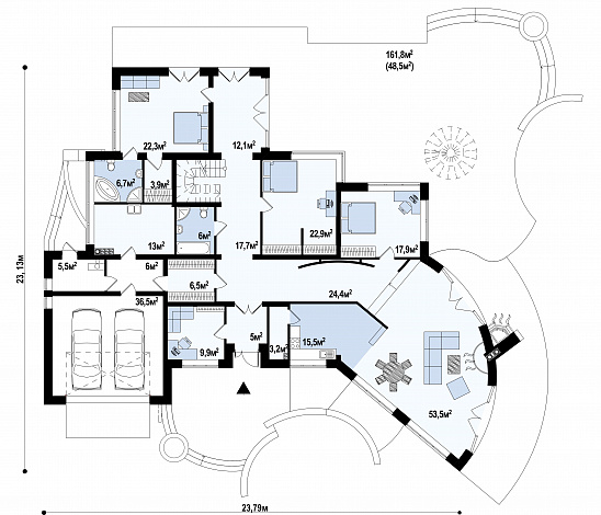 Проект красивого просторного мансардного коттеджа из газобетона с террасой на втором уровне / План 1 этажа