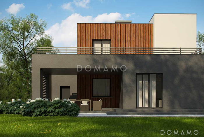 Проект современного двухэтажного кирпичного дома с четырьмя комнатами, гаражом и террасой на втором этаже