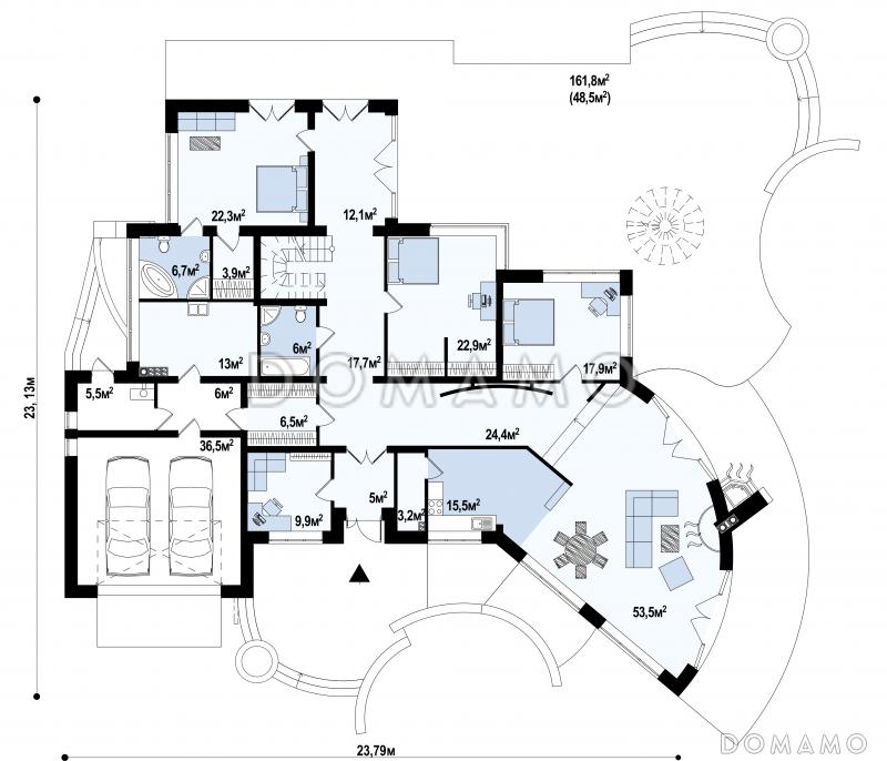 Проект красивого просторного мансардного коттеджа из газобетона с террасой на втором уровне / План 1 этажа