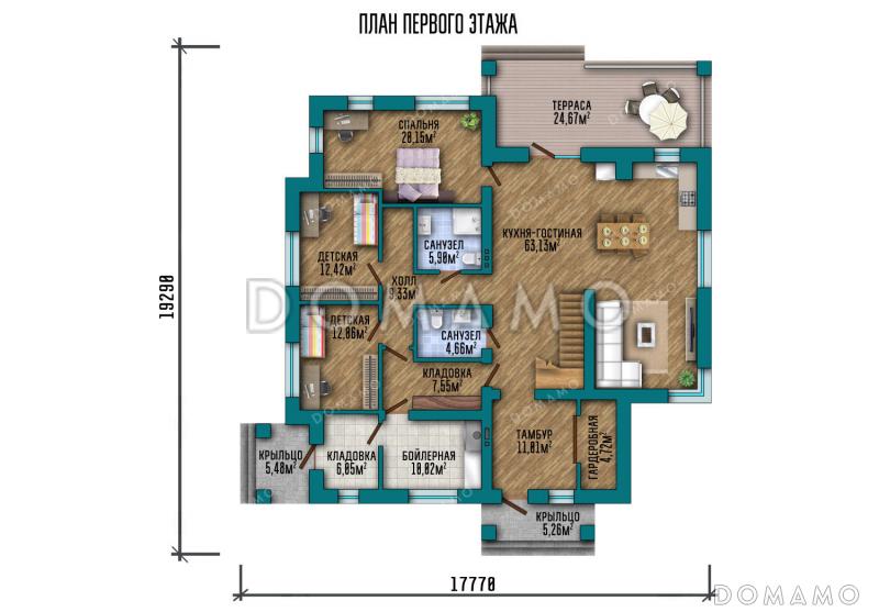 Проект современного дома с большими террасами на втором этаже и эксплуатируемой кровлей / План 1 этажа