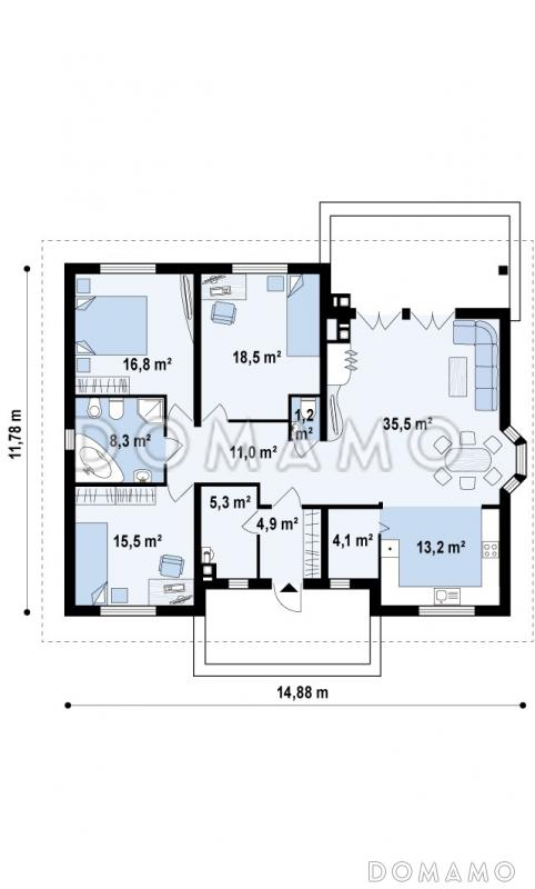 Проект одноэтажного каркасного дома с зоной барбекю на террасе  / План 1 этажа