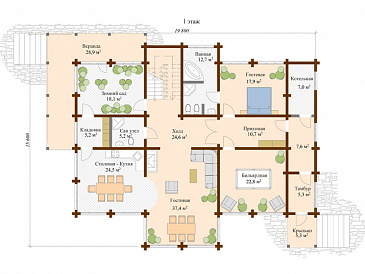 Проект дома из клееного бруса с зимним садом / План 1 этажа Проект дома из клееного бруса с зимним садом / План 1 этажа